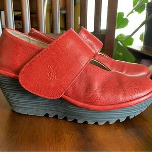 Fly London Red Leather Wedge Slip-On Clogs with Hook Strap